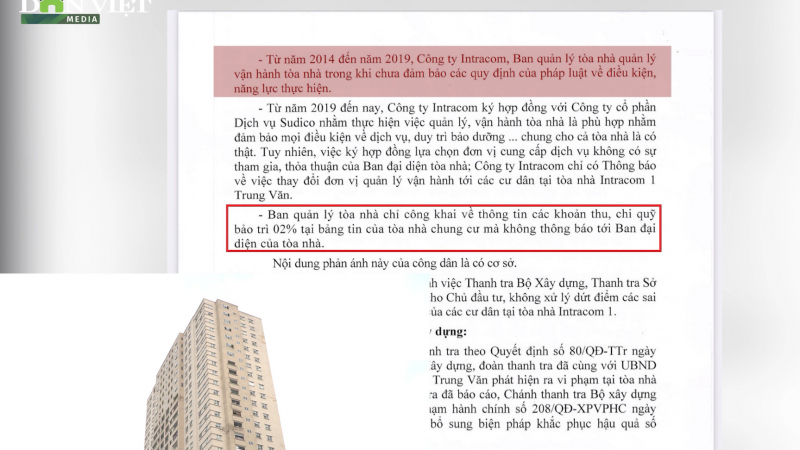 Chủ đầu tư Intracom 1 có nhiều sai phạm trong sử dụng quỹ bảo trì, không gian chung 
