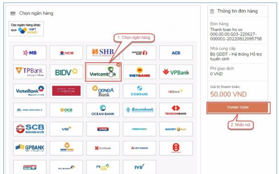 Cách thanh toán nguyện vọng 2023 bằng ngân hàng Mbbank, Vietcombank, Vietinbank