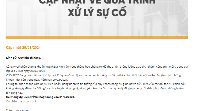 Vụ VNDirect bị tấn công: Nhà đầu tư có thể giao dịch trở lại từ ngày 1/4