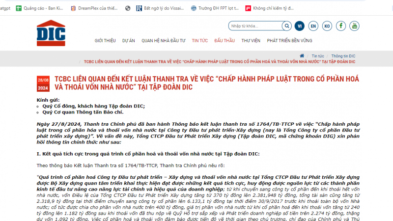 Tập đoàn DIC khẳng định hoàn tất các kiến nghị của Thanh tra Chính phủ trước ngày 25/9