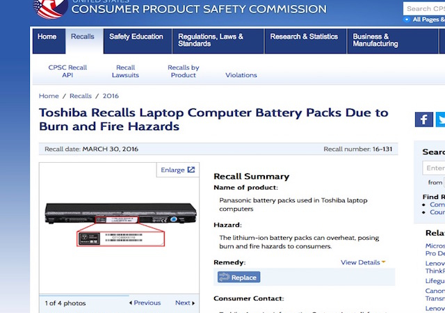 Pin laptop Toshiba quá nhiệt, có mùi khét cần được thu hồi
