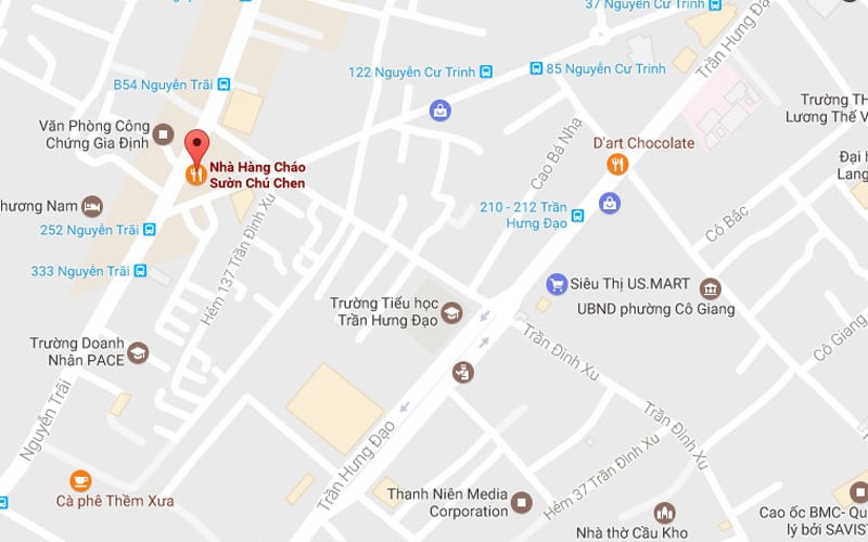 Quán cháo sườn chú Chen (chấm đỏ) và những con đường gần đó. Ảnh: Google Maps. Quán cháo sườn chú Chen (chấm đỏ) và những con đường gần đó. Ảnh: Google Maps.