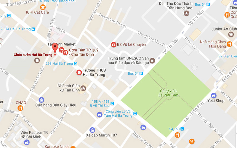 Quán cháo sườn Tân Định (chấm đỏ) trên bản đồ. Ảnh: Google Maps. Quán cháo sườn Tân Định (chấm đỏ) trên bản đồ. Ảnh: Google Maps.