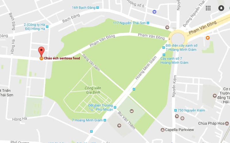Cháo ếch Sentosa (chấm đỏ) trên bản đồ. Ảnh: Google Maps. Cháo ếch Sentosa (chấm đỏ) trên bản đồ. Ảnh: Google Maps.