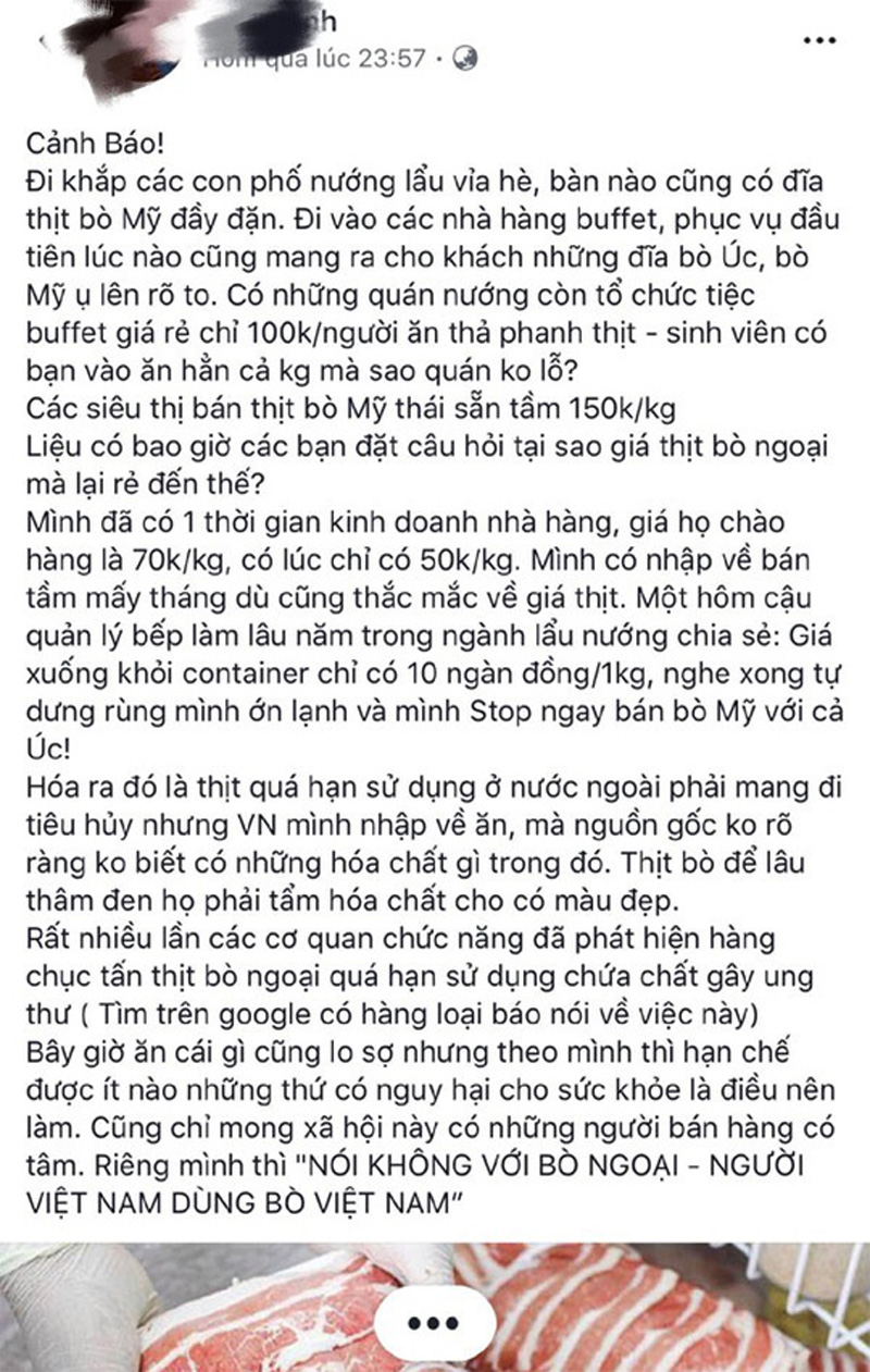 Thông tin thịt bò mỹ nhập khẩu giá rẻ vì là hàng hết hạn sử dụng chưa được kiểm chứng đang lan truyền chóng mặt trên mạng xã hội khiến nhiều người tiêu dùng hoang mang