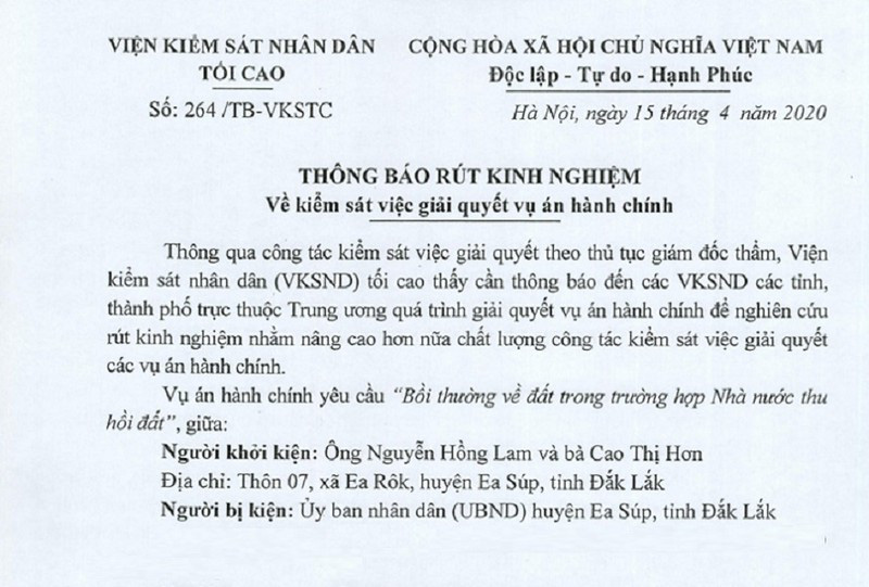 VKSND tối cao thông báo rút kinh nghiệm vụ kiện bồi thường thu hồi đất - Ảnh 1. VKSND tối cao thông báo rút kinh nghiệm vụ kiện bồi thường thu hồi đất - Ảnh 1.