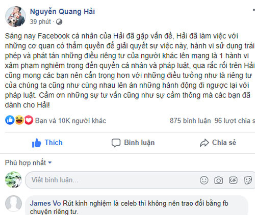 Quang Hải thông báo vụ trang cá nhân bị hack.