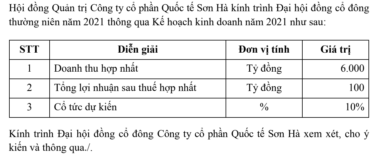 Quốc tế Sơn Hà trình kế hoạch doanh thu đạt 6.000 tỷ đồng trong năm 2021, tăng 12% - Ảnh 1.