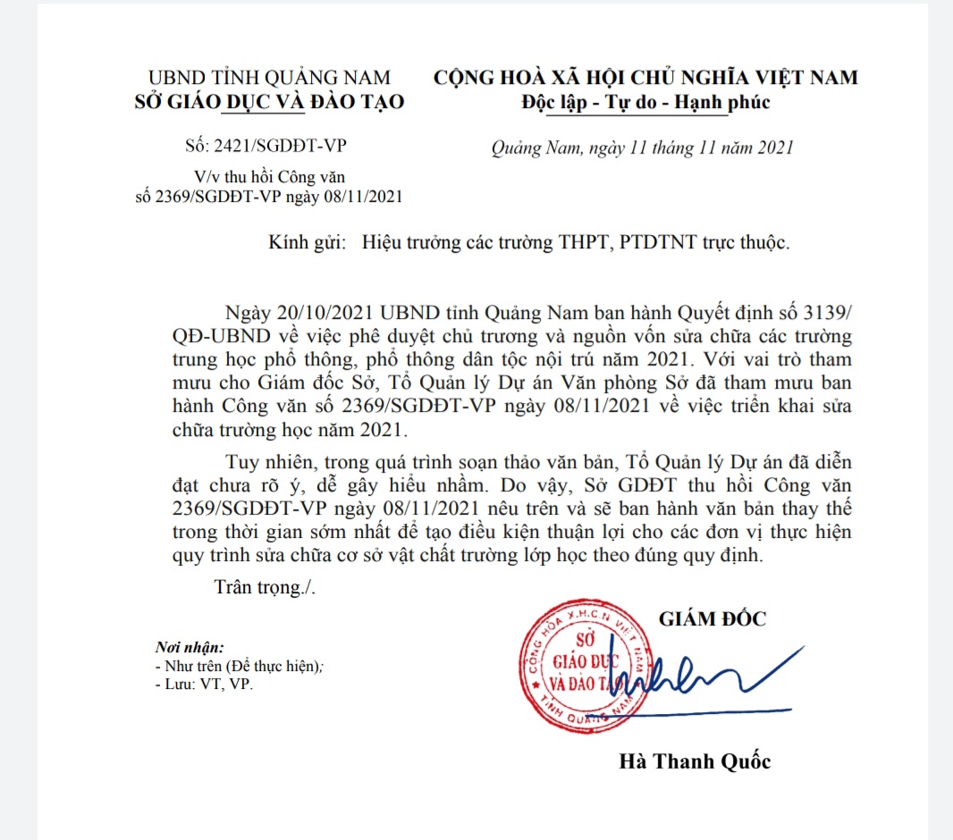 GĐ Sở GDĐT Quảng Nam thu hồi công văn giới thiệu 3 công ty tư vấn do diễn đạt chưa rõ ý - Ảnh 1.