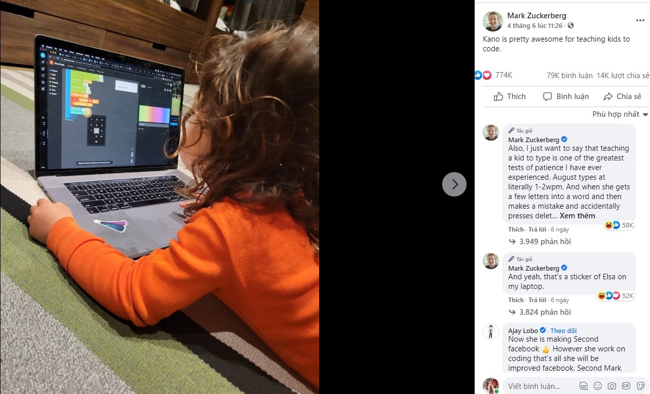 Cô nói một phần trong thói quen trước khi đi ngủ của Zuckerberg với hai cô con gái 5 tuổi và 4 tuổi là viết mã. Ảnh: @AFP.