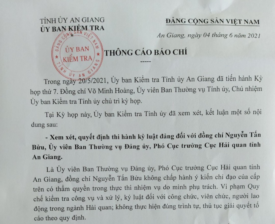 Phó Cục trưởng Cục Hải tỉnh An Giang quan bị kỷ luật - Ảnh 1.