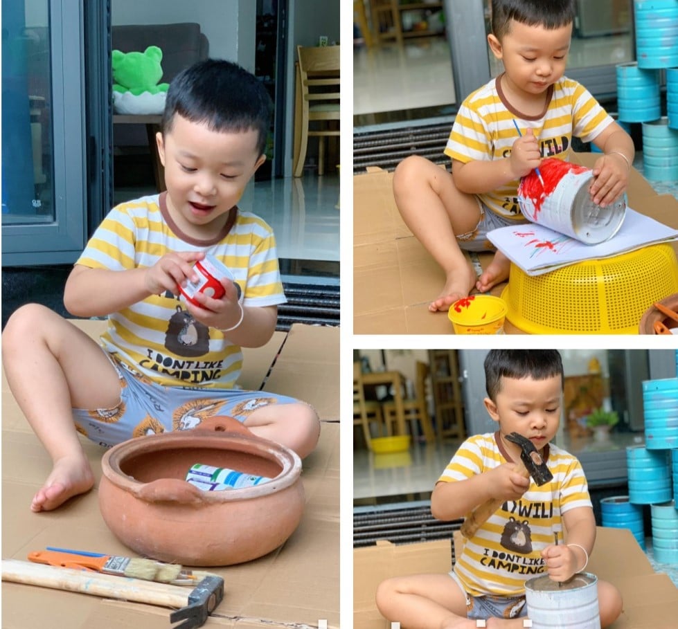 Mẹ trẻ biến vỏ sữa thành &quot;đồ&quot; cho con trồng rau, vui chơi giữa mùa dịch - Ảnh 1.
