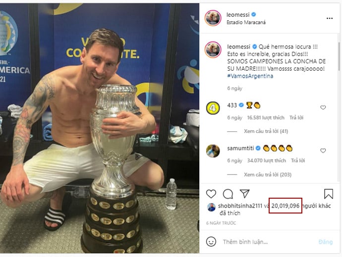 Ảnh Messi vô địch Copa America phá kỷ lục của Ronaldo trên Instagram - Ảnh 1.