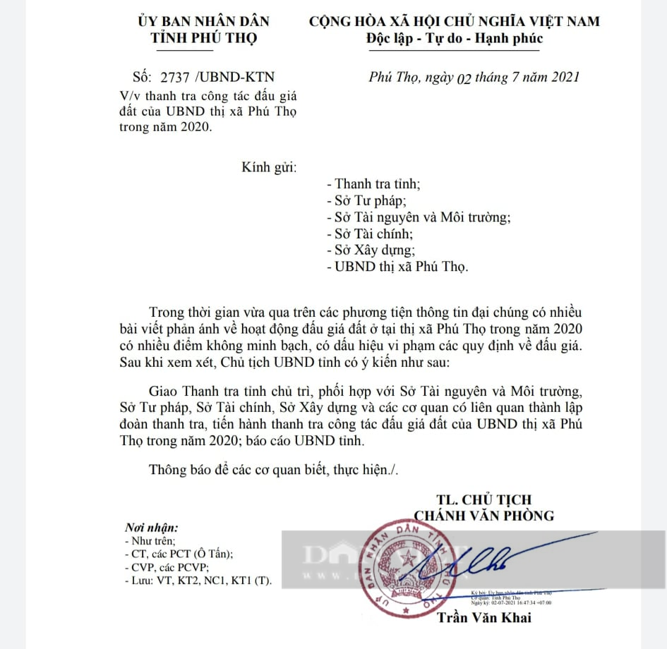 Vụ &quot;làm xiếc&quot; đấu giá đất ở Phú Thọ: Chủ tịch tỉnh chỉ đạo lập đoàn thanh tra làm rõ - Ảnh 1.