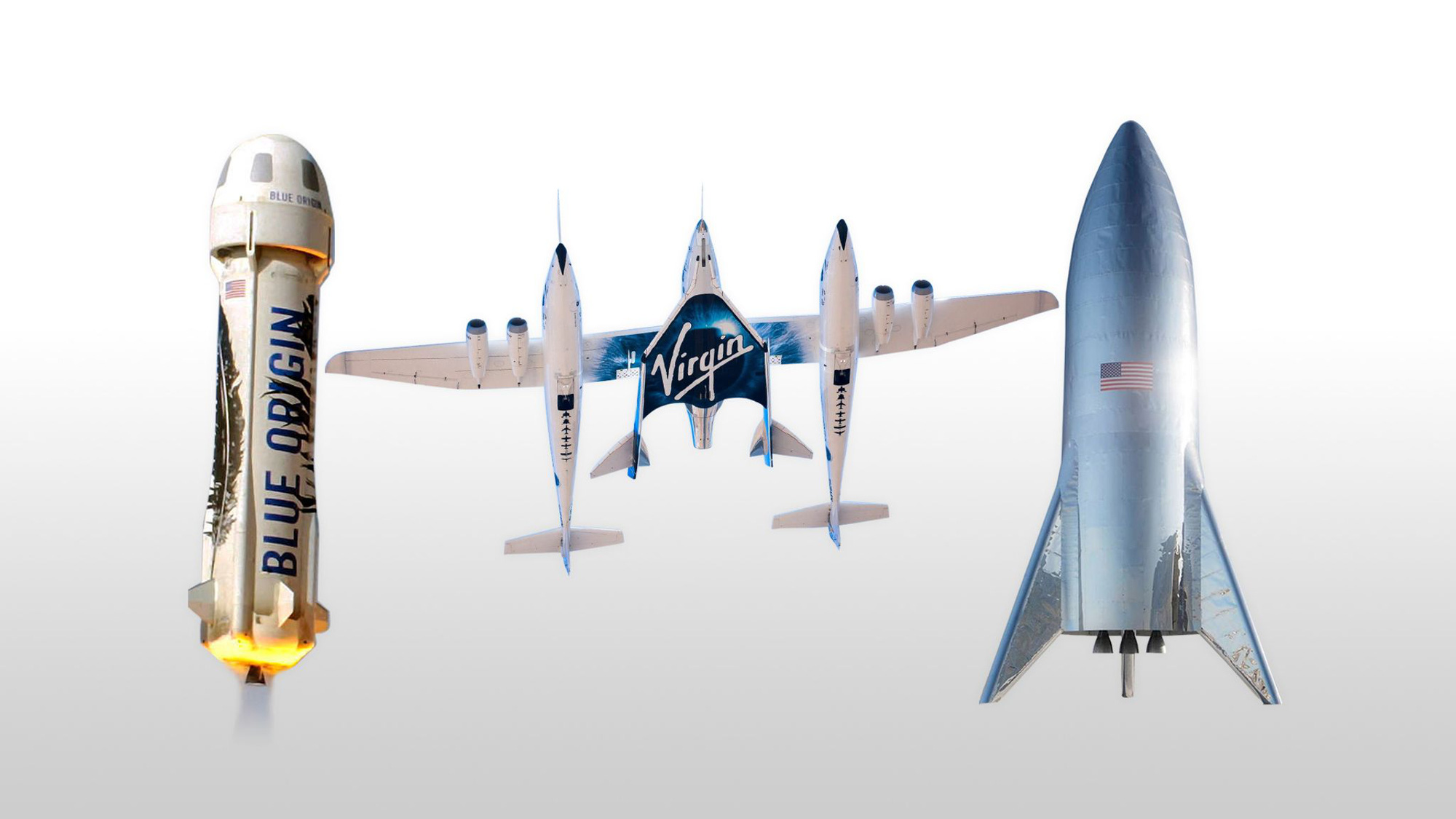 Blue Origin, Virgin Galactic và SpaceX đều đã thiết kế tàu vũ trụ theo cách của riêng họ. Ảnh: @AFP.