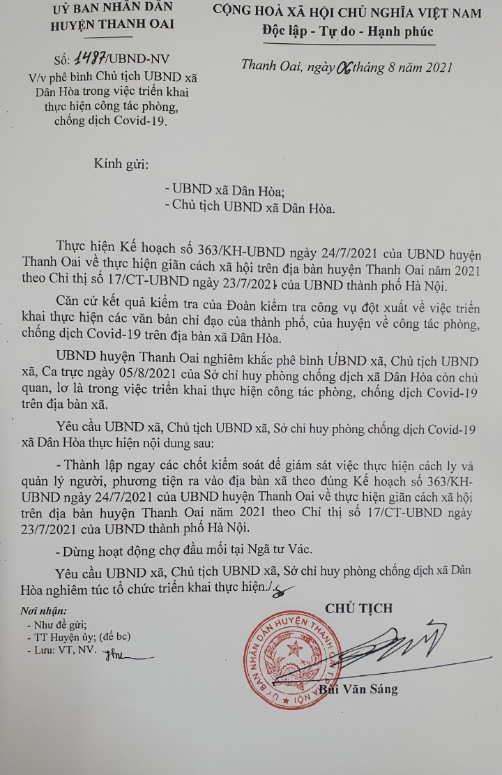 Hà Nội: Phê bình nghiêm khắc một Chủ tịch xã lơ là chống dịch Covid-19 - Ảnh 1.