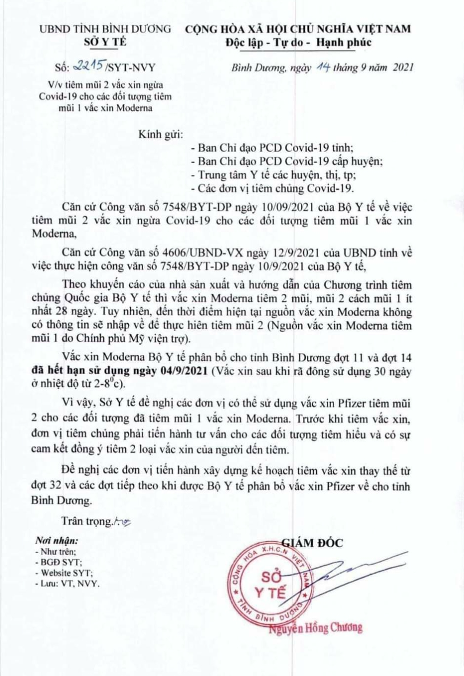 Sở Y tế Bình Dương giải thích về văn bản vaccine Moderna bị hết hạn sử dụng - Ảnh 1.