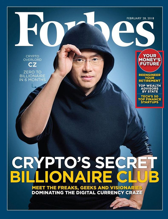 Changpeng Zhao, 41 tuổi, người sáng lập sàn giao dịch tiền ảo lớn nhất thế giới Binance từng được lên trang bìa tạp chí Forbes vì góp mặt trong câu lạc bộ tỉ phú tiền ảo bí mật. Ảnh: @Bitcoin.