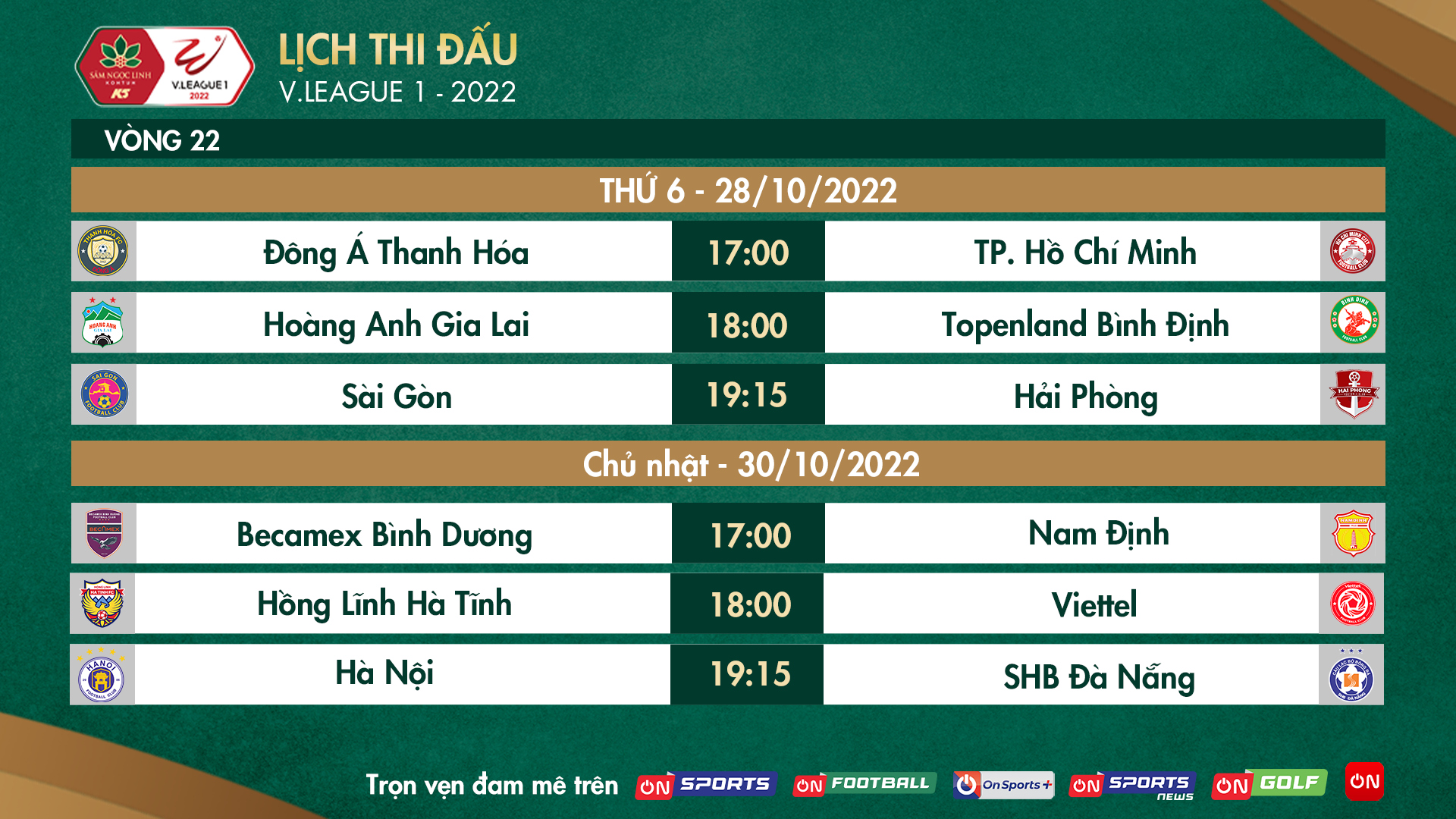 Lịch phát sóng trực tiếp vòng 22 V.League 2022: Cuối bảng gặp khó - Ảnh 1.
