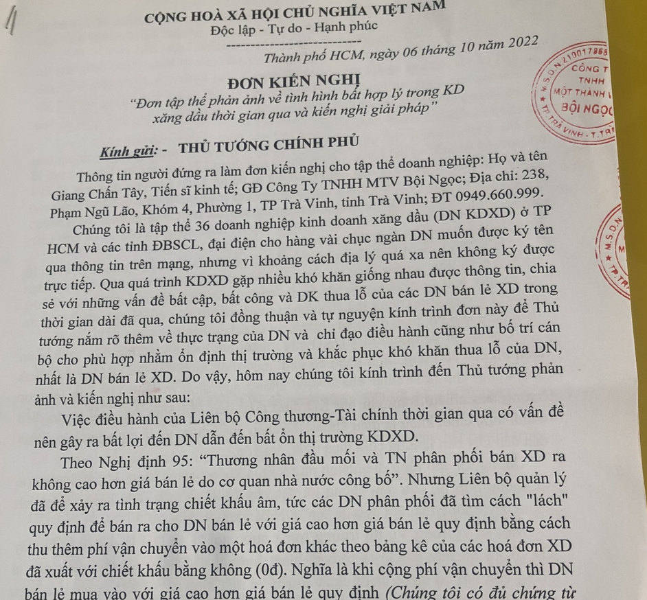 36 doanh nghiệp bán lẻ xăng dầu kêu cứu lên Thủ tướng - Ảnh 1.