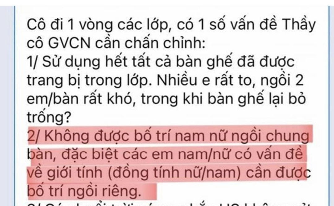 Hiệu trưởng yêu cầu &quot;Các em học sinh có vấn đề về giới tính bố trí ngồi riêng&quot; gây bức xúc - Ảnh 1.
