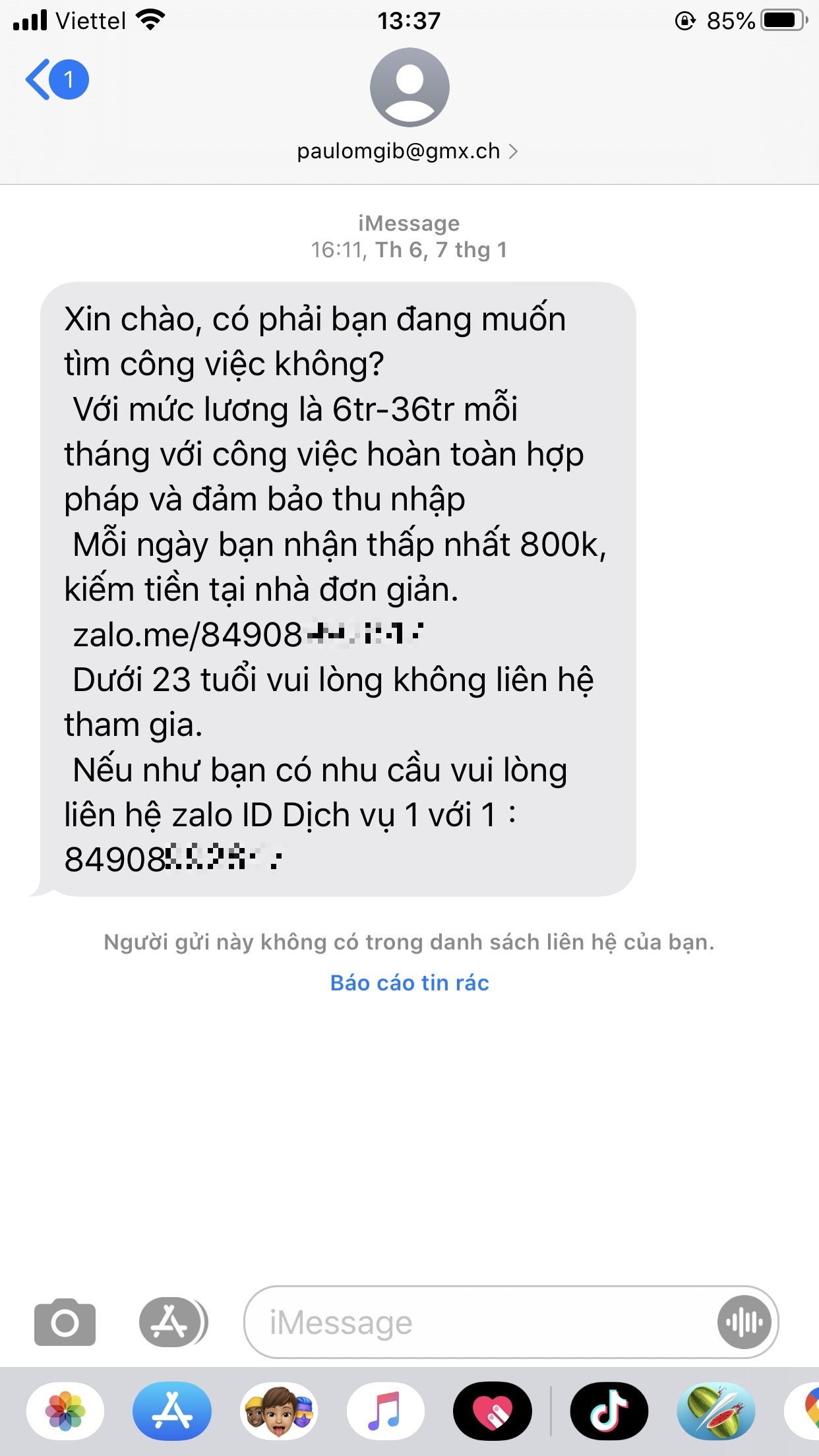 Người dùng iPhone liên tục nhận tin nhắn lừa đảo tìm việc qua iMessage, thu nhập hơn 30 triệu - Ảnh 1.