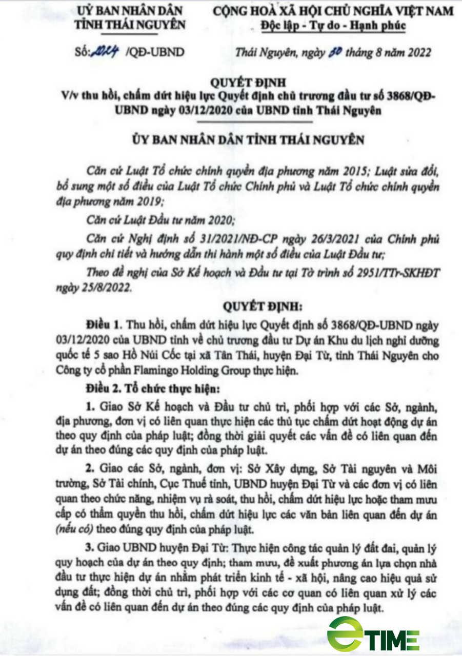 Thái Nguyên: Thu hồi chủ trương đầu tư khu du lịch nghỉ dưỡng 5 sao Hồ Núi Cốc của Công ty Flamingo Holding Group - Ảnh 1. Thái Nguyên: Thu hồi chủ trương đầu tư khu du lịch nghỉ dưỡng 5 sao Hồ Núi Cốc của Công ty Flamingo Holding Group - Ảnh 1.