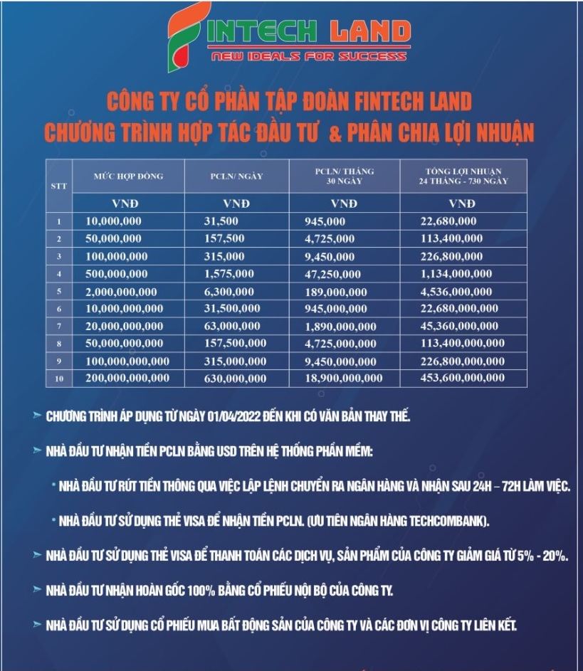 Chương trình hợp tác đầu tư của công ty Fintech Land có mức lãi suất  gần 270% trong 2 năm (Ảnh: Website công ty)