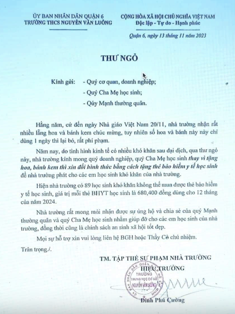2 trường xin nhận thẻ bảo hiểm y tế thay hoa quà ngày 20/11: Hành động nhân văn nhưng cần khéo léo - Ảnh 1.