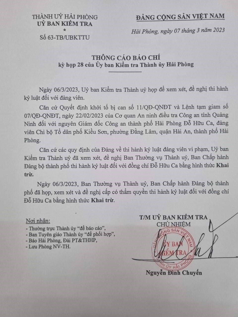 Đề nghị khai trừ đảng Tướng Đỗ Hữu Ca, cựu giám đốc Công an Hải Phòng - Ảnh 1.