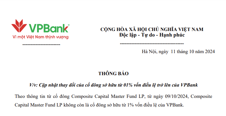 Composite Capital Master Fund giảm sở hữu tại VPBank về dưới 1% vốn - Ảnh 1.