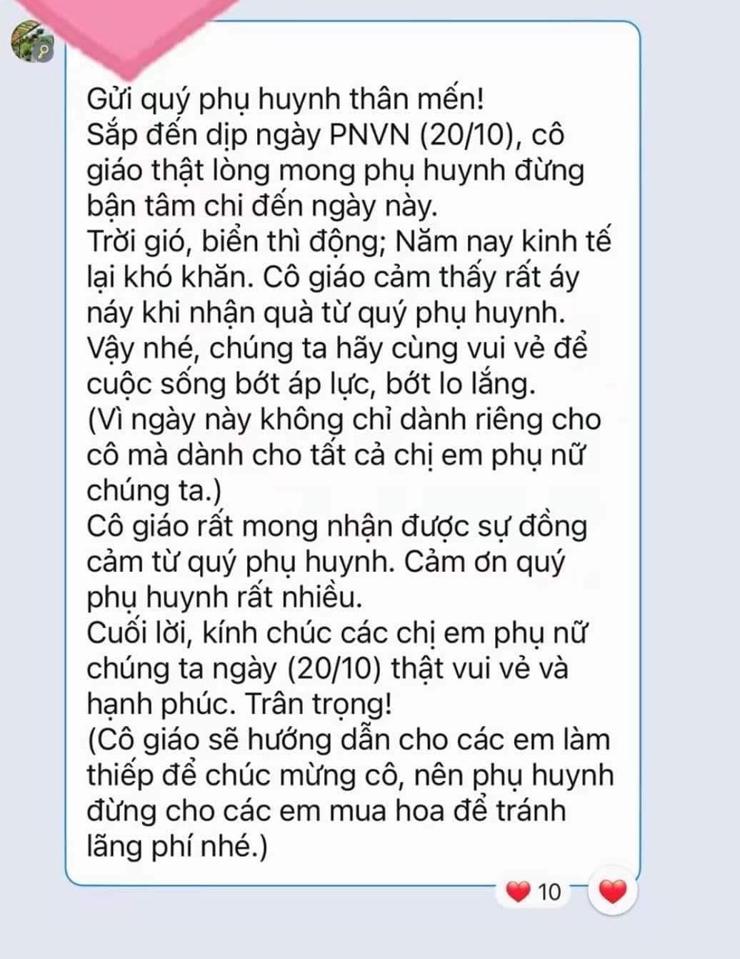 Phụ huynh bất ngờ nhận tin nhắn: "Không tặng quà 20/10 cho cô giáo để môi trường giáo dục lành mạnh"- Ảnh 2.