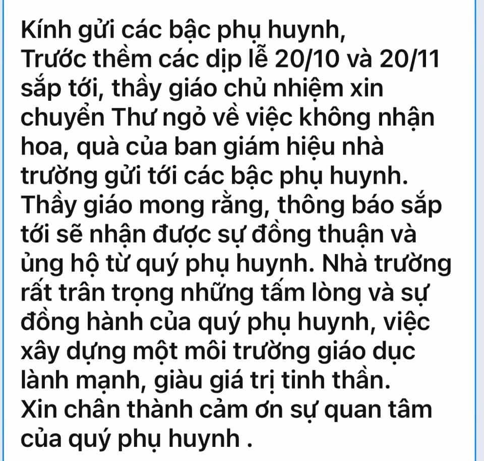 Phụ huynh bất ngờ nhận tin nhắn: "Không tặng quà 20/10 cho cô giáo để môi trường giáo dục lành mạnh"- Ảnh 1.