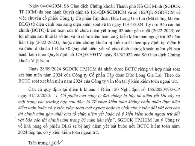 Cổ phiếu DLG của Đức Long Gia Lai đứng trước nguy cơ hủy niêm yết - Ảnh 1.