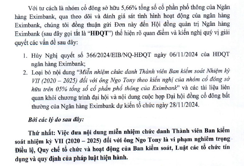Eximbank: Nhóm cổ đông lớn kiến nghị hủy việc miễn nhiệm trưởng Ban Kiểm soát - Ảnh 1.