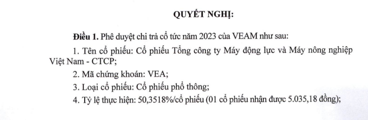 VEAM sẽ cổ tức với tỷ lệ 50,35% bằng tiền - Ảnh 1.