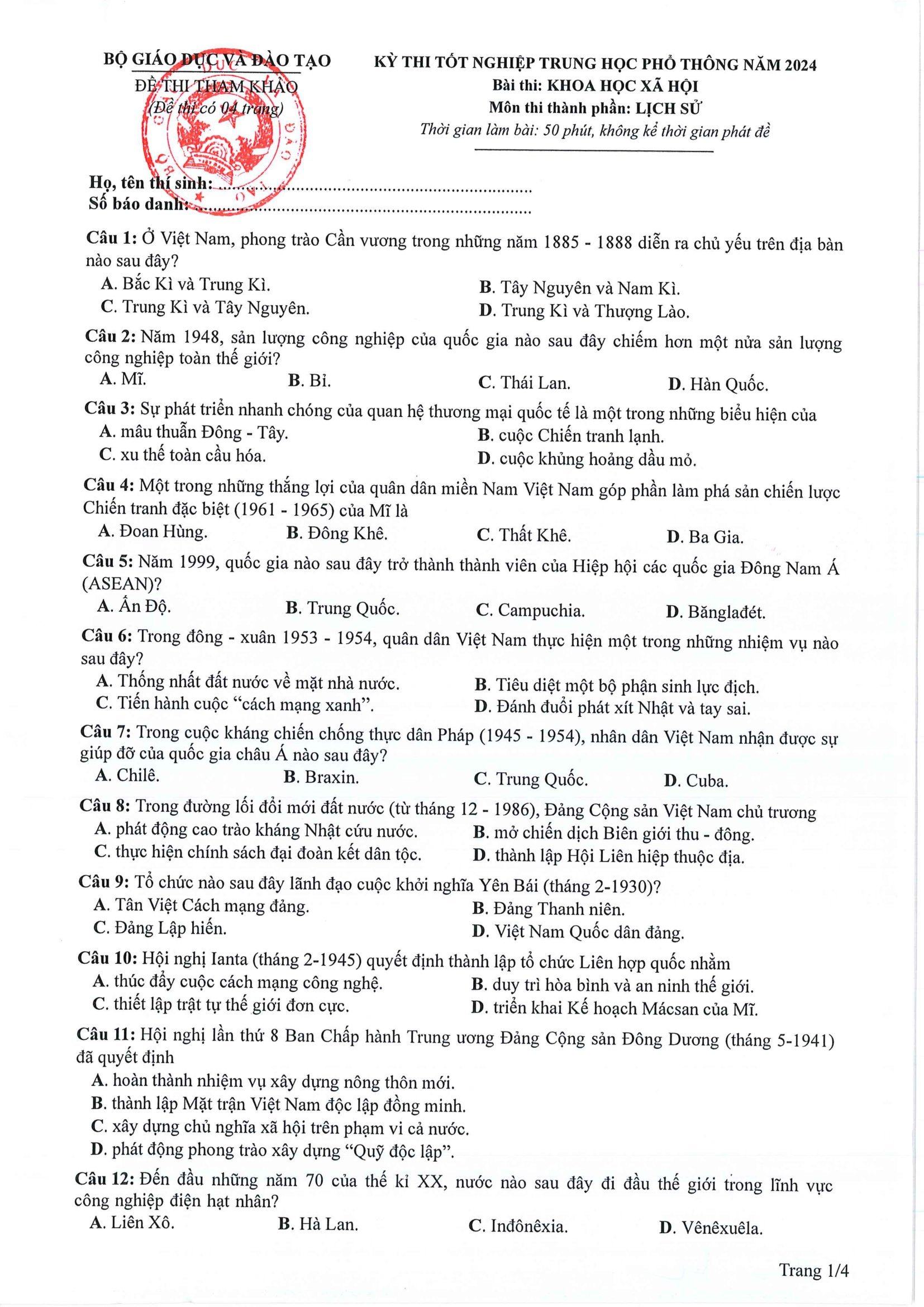 Đề minh hoạ môn Lịch sử tốt nghiệp THPT 2024 có gợi ý đáp án - Ảnh 1.