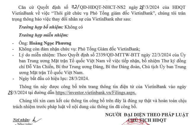 Ông Hoàng Ngọc Phương thôi chức Phó Tổng Giám đốc VietinBank- Ảnh 1. Ông Hoàng Ngọc Phương thôi chức Phó Tổng Giám đốc VietinBank- Ảnh 1.