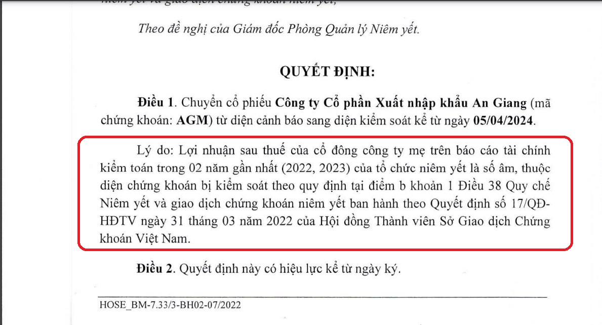 Vừa ra diện đình chỉ, cổ phiếu Angimex (AGM) chuyển sang diện kiểm soát- Ảnh 1.