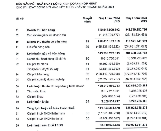 KQKD quý I/2024: Tập đoàn Thiên Long (TLG) báo lãi giảm 12%, dự kiến hợp nhất 1 công ty liên kết- Ảnh 1.