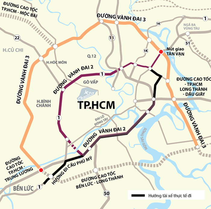 Hướng tuyến đường Vành đai 2, Vành đai 3 TP.HCM. Ảnh: T.L