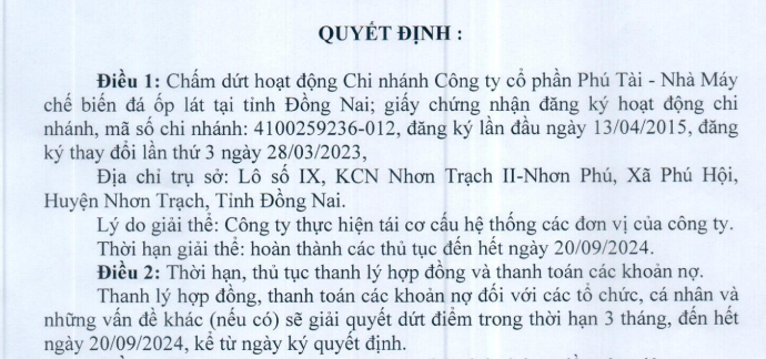 Phú Tài (PTB) giải thể Nhà máy chế biến đá ốp lát tại tỉnh Đồng Nai- Ảnh 1. Phú Tài (PTB) giải thể Nhà máy chế biến đá ốp lát tại tỉnh Đồng Nai- Ảnh 1.