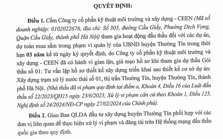 UBND huyện Thường Tín cấm thầu 3 năm với Công ty Môi trường Xây dựng CEEN - Ảnh 1.