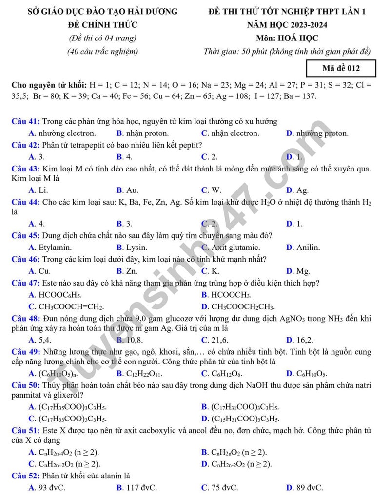 Đề thi thử môn Hóa tốt nghiệp THPT 2024 của Hải Dương- Ảnh 1.