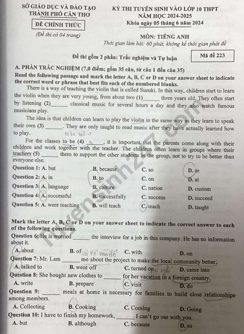 Đề thi môn Tiếng Anh vào lớp 10 năm 2024 của Cần Thơ có gợi ý đáp án- Ảnh 1.