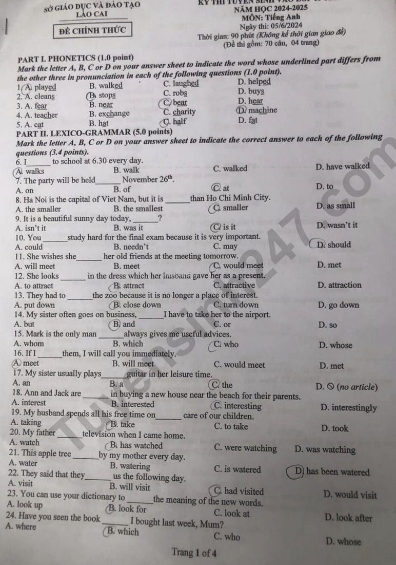 Đề thi môn Tiếng Anh vào lớp 10 năm 2024 của Lào Cai có gợi ý đáp án- Ảnh 1.