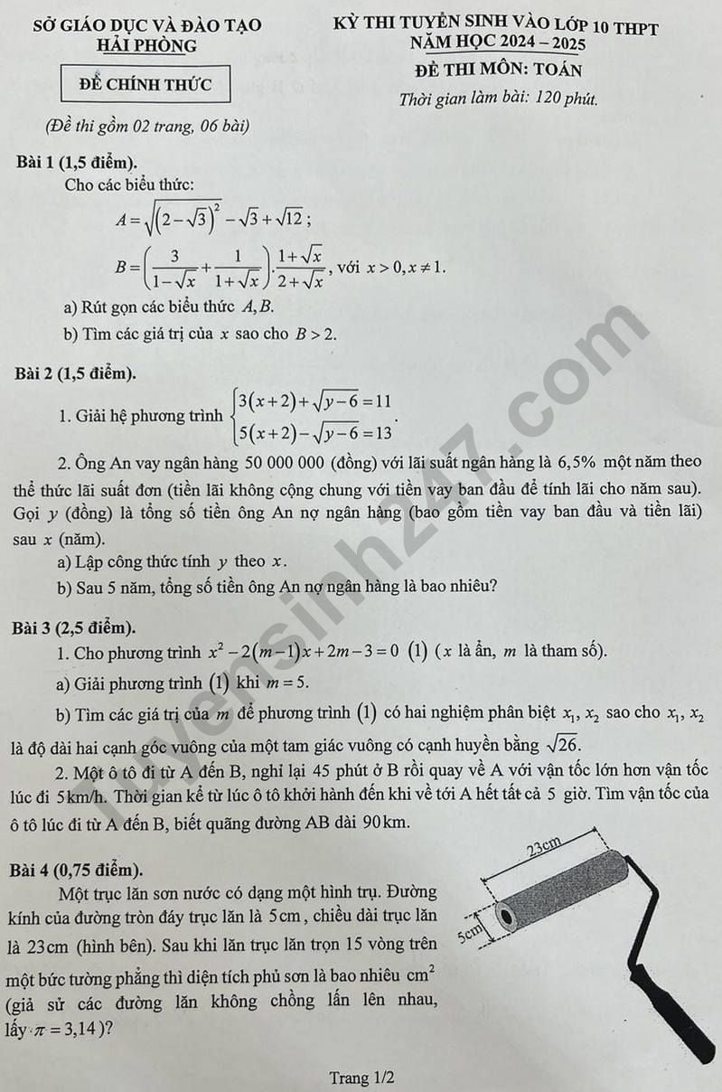Đề thi môn Toán vào lớp 10 năm 2024 của Hải Phòng có gợi ý đáp án- Ảnh 3.