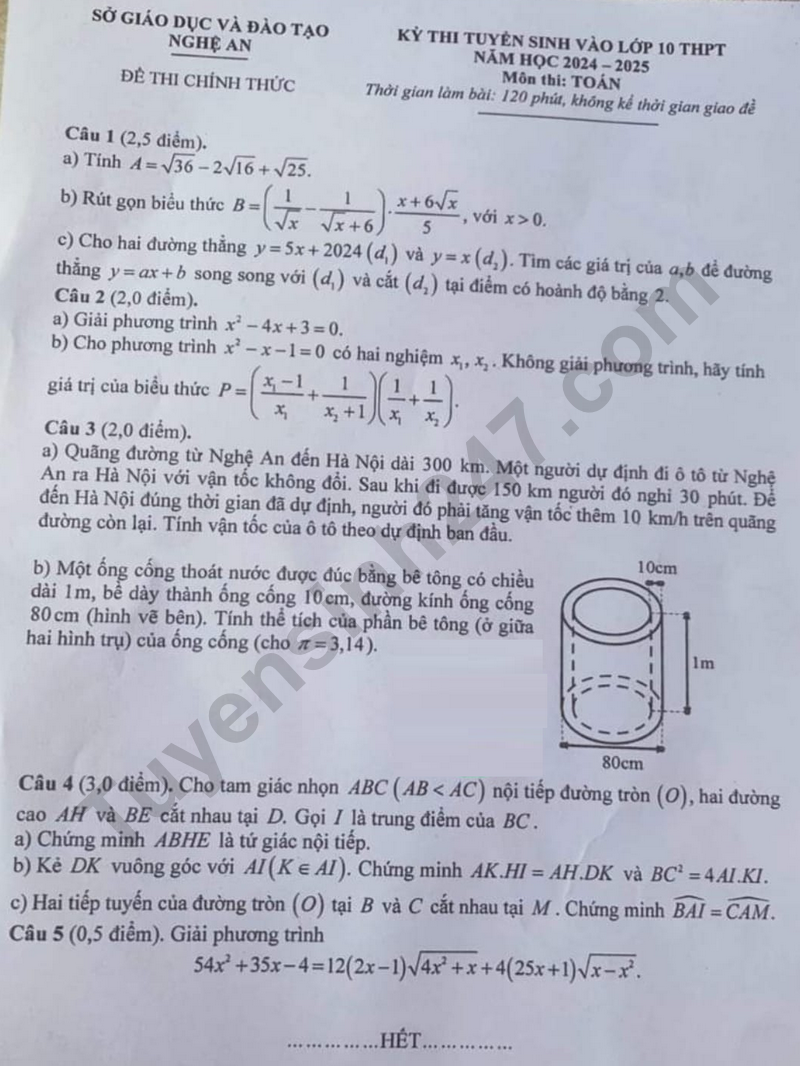 Đề thi môn Toán vào lớp 10 năm 2024 của Nghệ An có gợi ý đáp án- Ảnh 1.