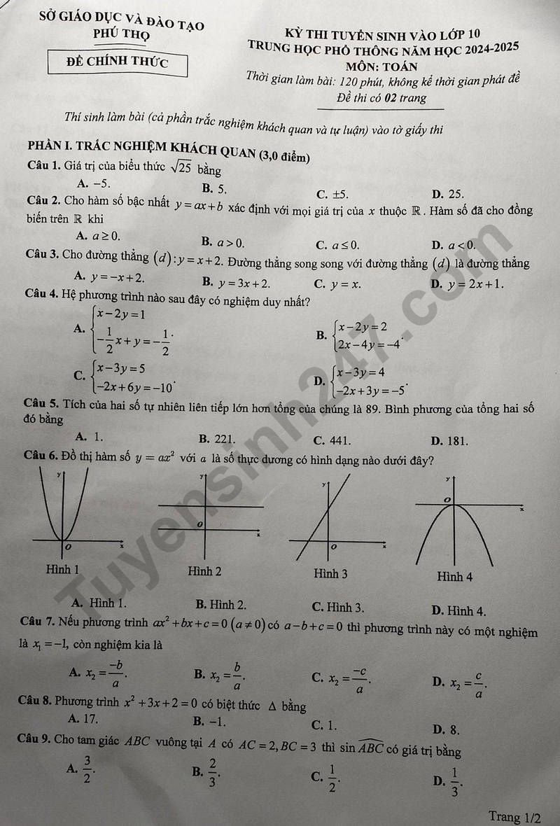 Đề thi môn Toán vào lớp 10 năm 2024 của Phú Thọ có gợi ý đáp án- Ảnh 2.