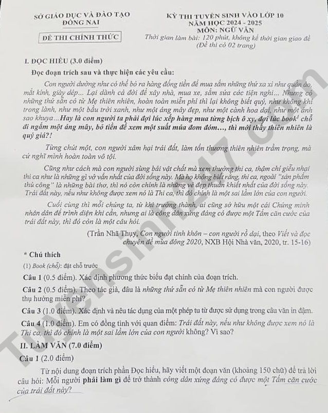  Đề thi môn Văn vào lớp 10 năm 2024 của Đồng Nai có gợi ý đáp án - Ảnh 1.